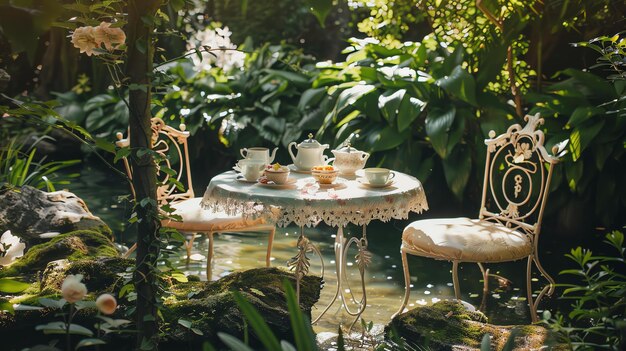 Foto um cenário encantador de festa de chá no jardim com uma mesa e duas cadeiras cercadas por vegetação exuberante e um riacho brilhante