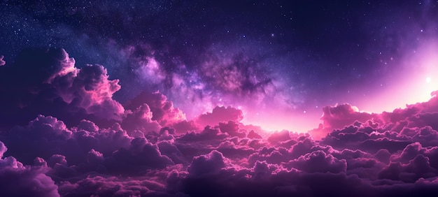 Um cenário encantador de nuvens com tons cor-de-rosa e roxo no meio das estrelas.