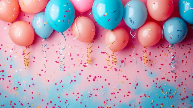 Um cenário festivo adornado com balões e flâmulas coloridos, criando o clima para a celebração