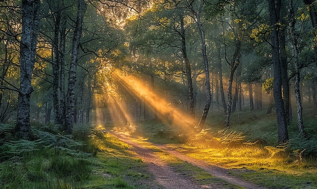 Um cenário florestal coberto de sol com raios de luz