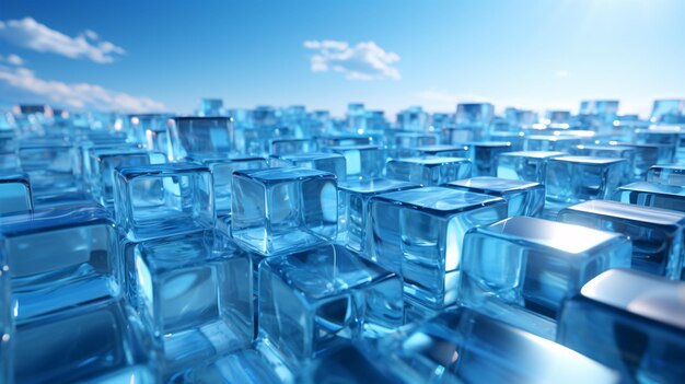 Um cenário gelado com aglomerados de cubos de gelo pontilhando os cantos superior esquerdo e inferior direito de um folheado azul brilhante