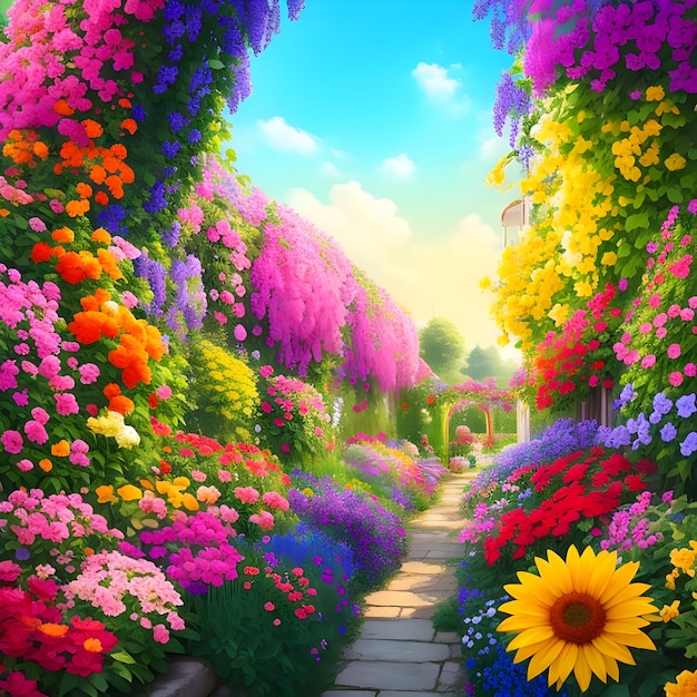 Um cenário inspirado em um jardim com uma variedade de flores coloridas ilustração AI gerar imagem