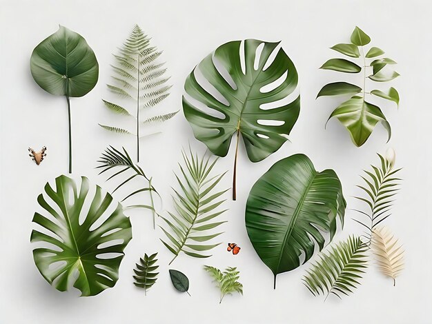 Um cenário natural minimalista com uma variedade de objetos da selva, cada um isolado em fundo branco