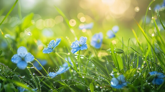Um cenário orgânico brilhantemente iluminado com uma flor estética de linho azul delicado e brilhante e seu caule e espaço IA generativa