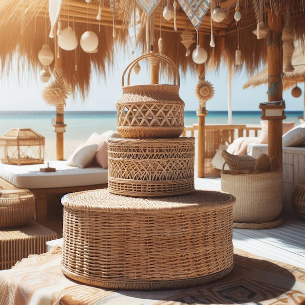 Foto um cenário sereno à beira-mar com uma mesa de rattan tecida e cestas adornadas com patte intrincado