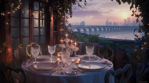 Foto um cenário surpreendente de pratos de mesa e eletrodomésticos num lugar romântico.