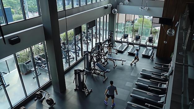 Um centro de fitness com equipamentos modernos e grandes janelas que deixam entrar luz natural