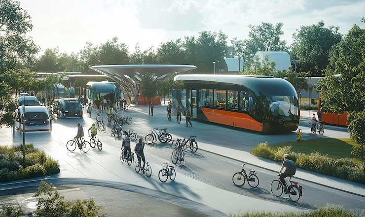 Foto um centro de mobilidade futurista onde vários conceitos sustentáveis