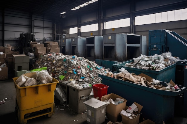 Um centro de reciclagem com lixeiras e recipientes de várias cores, triagem e processamento de materiais recicláveis