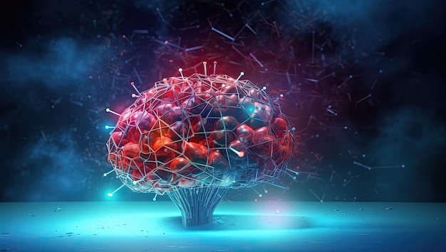 Um cérebro azul cercado por pontos e conexões no estilo de atmosfera luminosa preto claro e azul celeste Generative AI