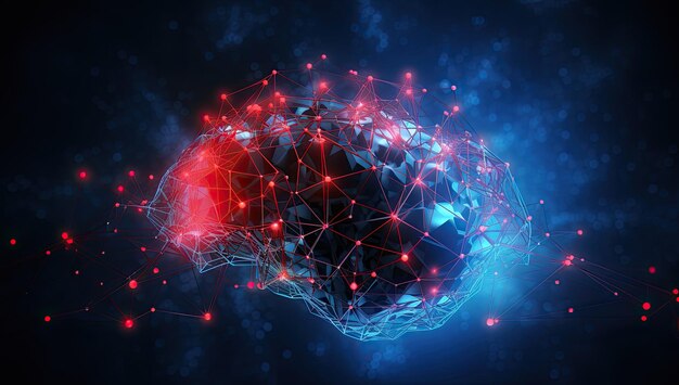 Um cérebro azul cercado por pontos e conexões no estilo de atmosfera luminosa preto claro e azul celeste Generative AI