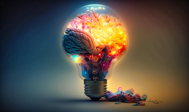 Um cérebro brilhante composto de lâmpadas retratando a ideia de pensamento brilhante e inovador