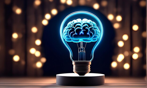 Um cérebro brilhante dentro de uma lâmpada que representa o poder da inspiração em um fundo bokeh