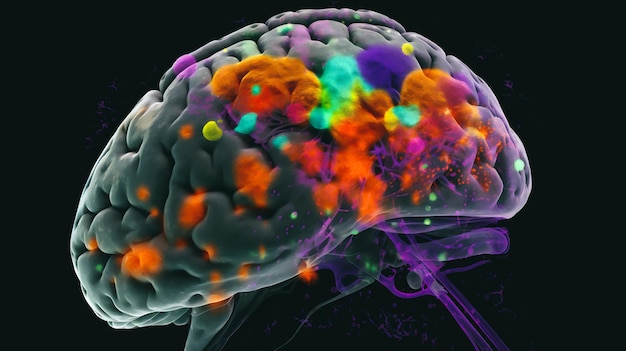 um cérebro com as áreas afetadas destacadas em cores brilhantes tanto o cérebro saudável quanto o doente