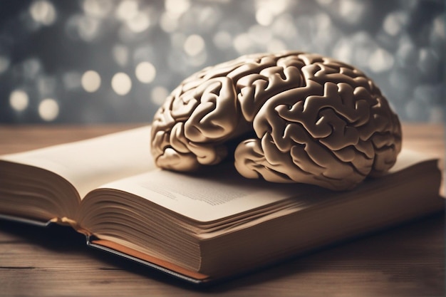 Um cérebro humano está num livro com as palavras cérebro.