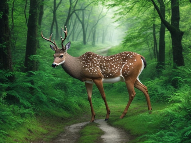 Um cervo caminhando por uma floresta verde e exuberante