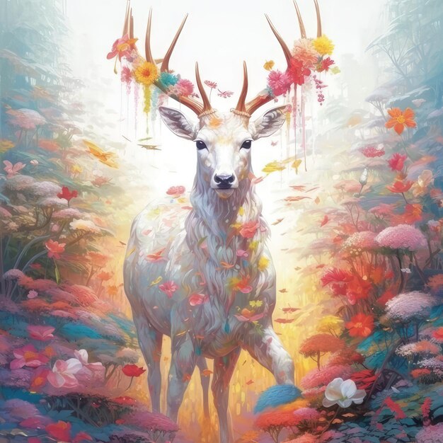 Foto um cervo com chifres e uma pintura de um cervo con flores no fundo