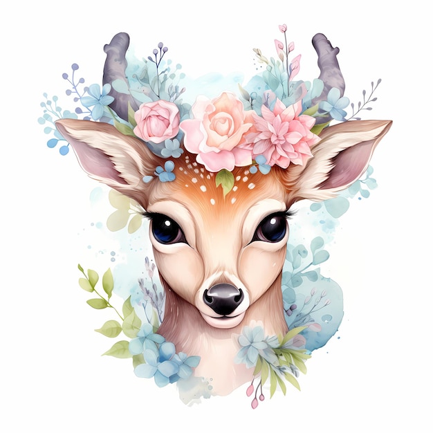 um cervo com uma coroa floral na cabeça é mostrado.