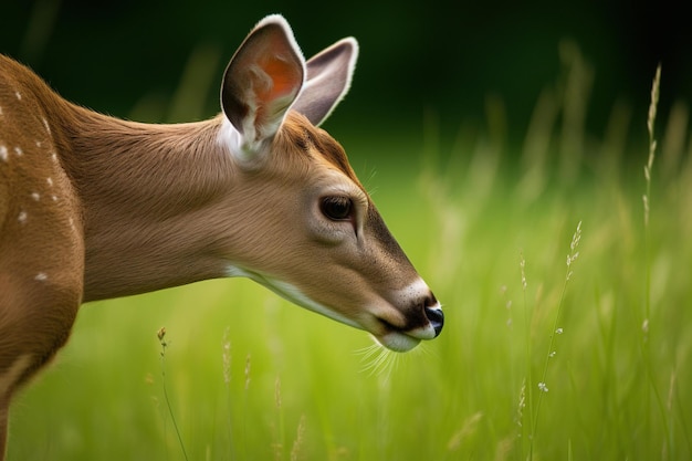 Um cervo em um campo com fundo verde