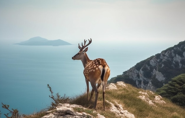 Um cervo em um penhasco com vista para o mar