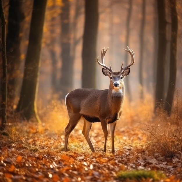 Um cervo em uma floresta com folhas de outono no chão.