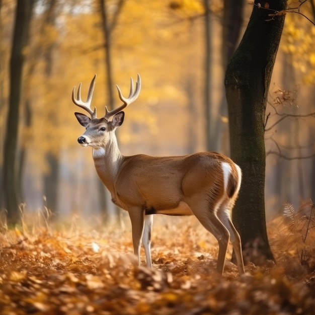 Um cervo em uma floresta com folhas de outono no chão