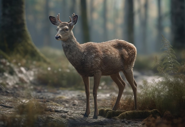 Um cervo em uma floresta com um fundo de floresta