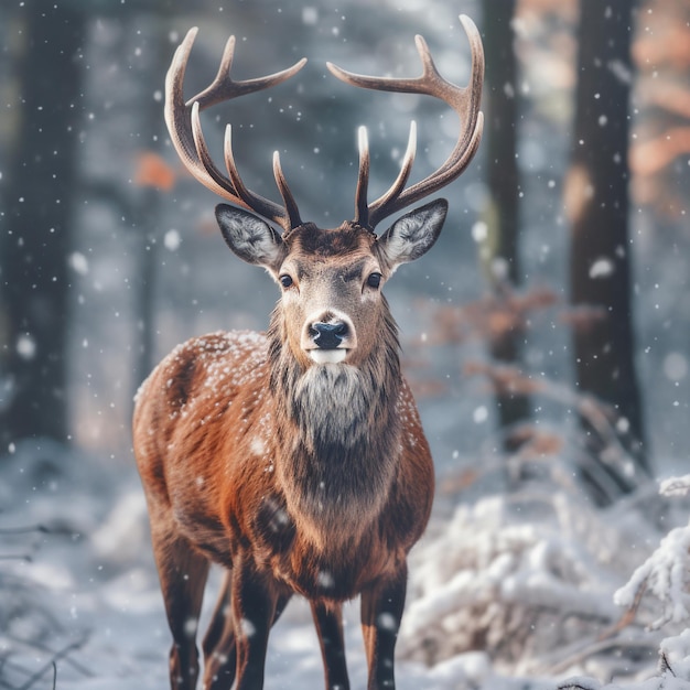 Um cervo está de pé na neve no inverno.