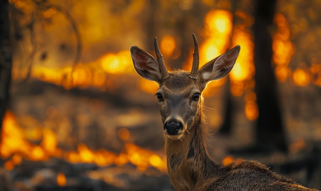 Foto um cervo está na frente de uma fogueira no fundo