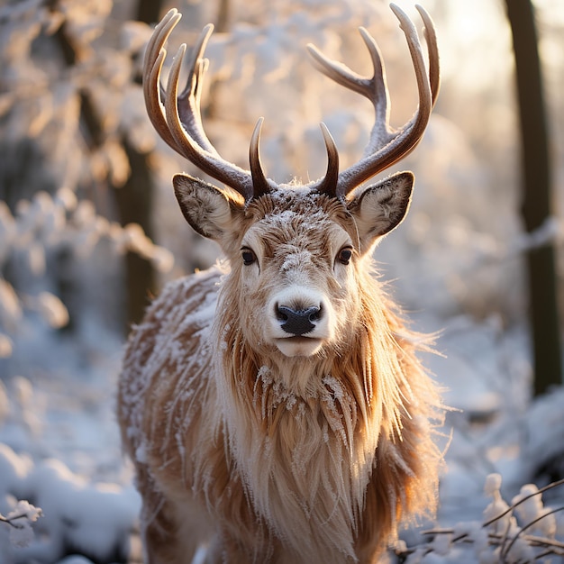 Um cervo está na neve.