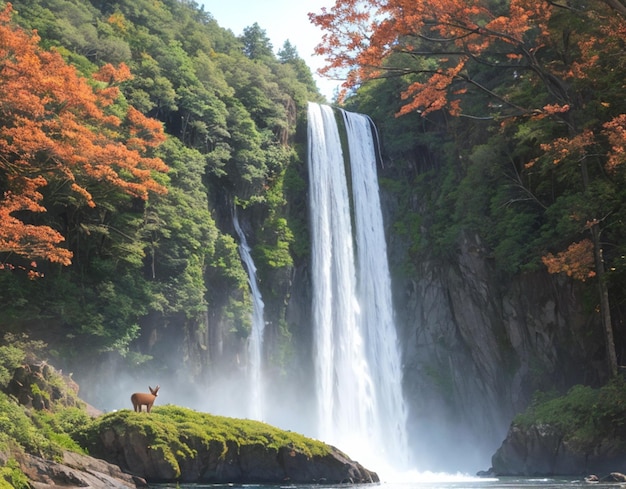 Foto um cervo fica em uma rocha na frente de uma cachoeira