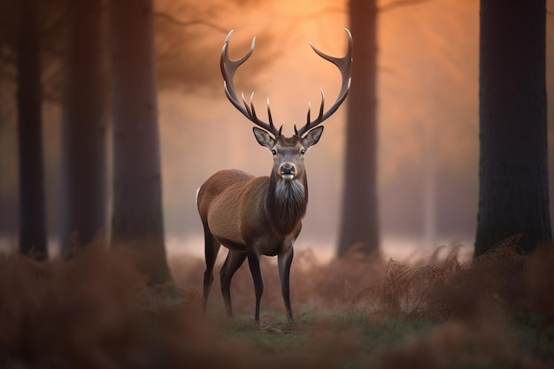 Um cervo majestoso com chifres orgulhosamente na floresta ao amanhecer