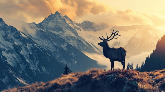 Um cervo majestoso no topo de uma colina serena