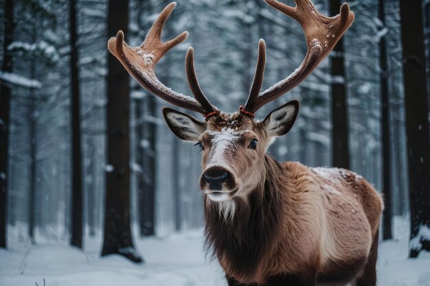 Um cervo majestoso numa floresta de inverno coberta de neve