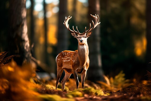 Um cervo meticulosamente preservado através da taxidermia apresentando uma representação realista de sua natureza