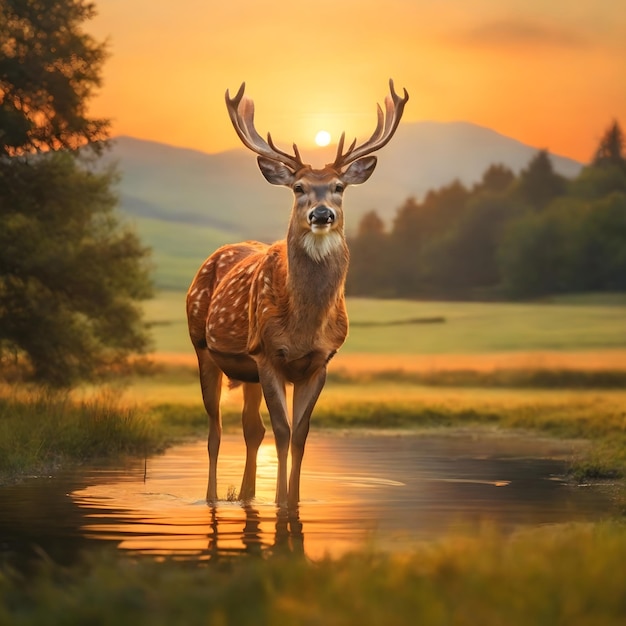 Um cervo no pôr do sol tranquilo da natureza