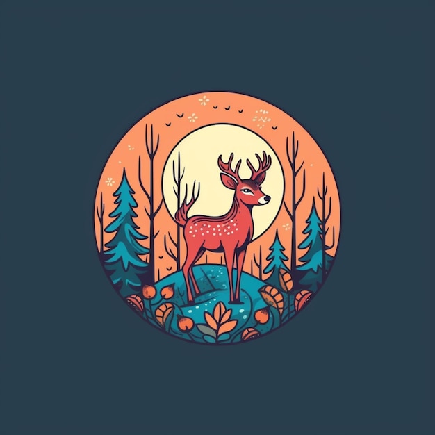 um cervo parado na floresta com árvores e uma lua cheia ai generativa