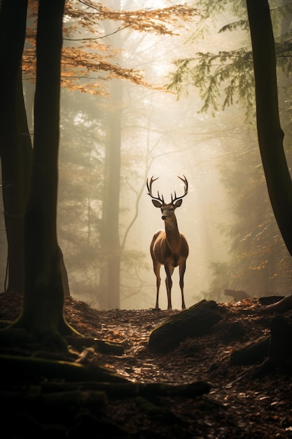 um cervo parado no meio de uma floresta