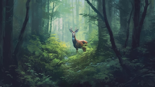 Um cervo tímido escondido na floresta gerado por IA