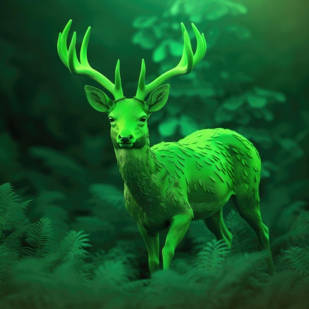 Um cervo verde com chifres está em uma floresta.