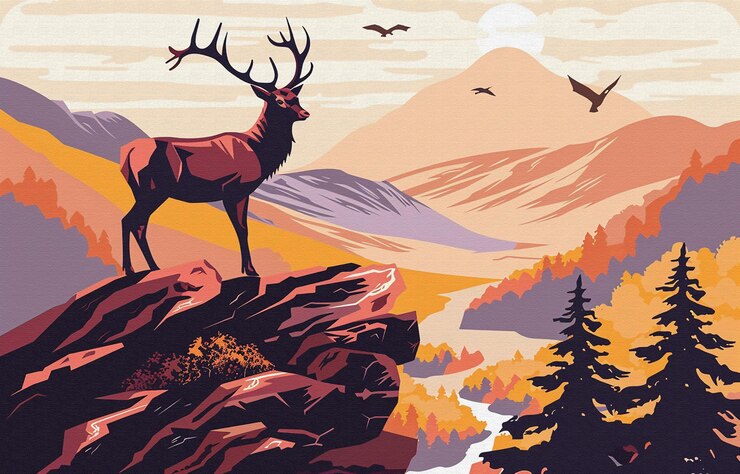 Foto um cervo vermelho está em uma montanha com pássaros voando acima dele