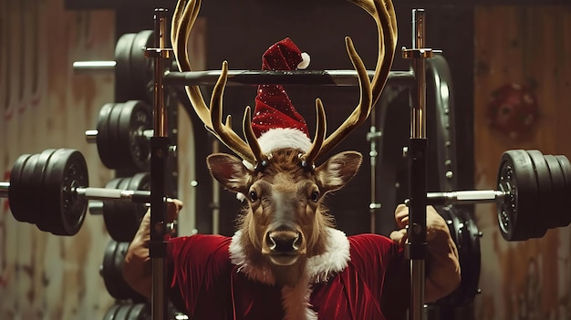 Foto um cervo vestindo um chapéu de santa está segurando uma espingarda em uma sala com um chapinho de natal nele