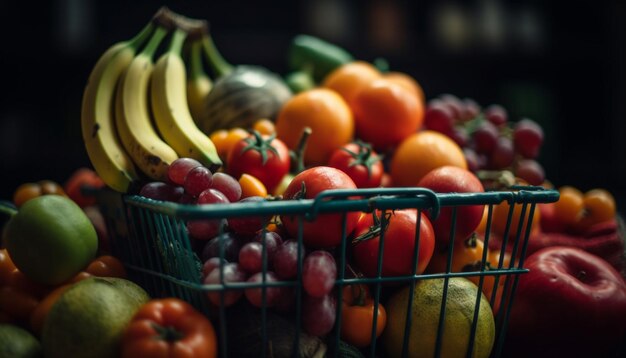 Foto um cesto abundante de frutas e legumes orgânicos frescos para uma alimentação saudável gerado pela inteligência artificial