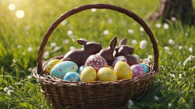 Um cesto cheio de ovos de Páscoa de chocolate na grama