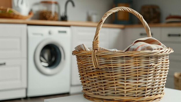 Um cesto cheio de toalhas limpas e roupas prontas para uso