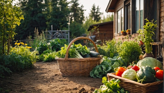 Um cesto com uma colheita de legumes frescos ecológicos do jardim no quintal da casa Crescimento de culturas hortícolas hobbies AI gerado
