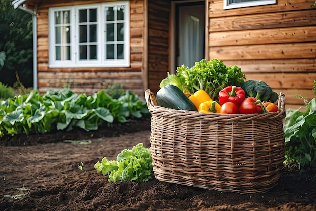 Foto um cesto com uma colheita de legumes frescos ecológicos do jardim no quintal da casa crescimento de culturas hortícolas hobbies ai gerado