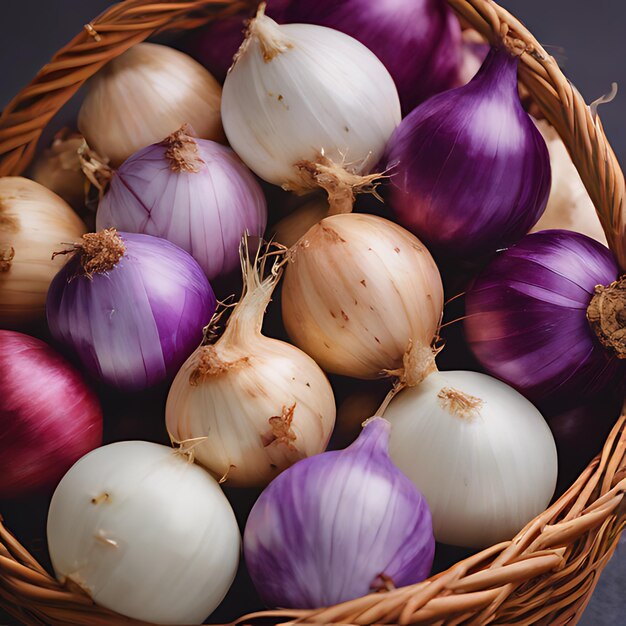 Foto um cesto de cebolas com um roxo e um branco