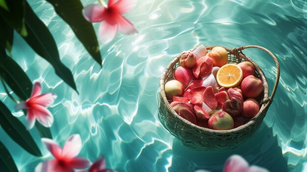 um cesto de comida flutuando na piscina em água azul conceito de férias e lua-de-mel