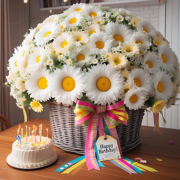 Um cesto de flores que diz feliz aniversário